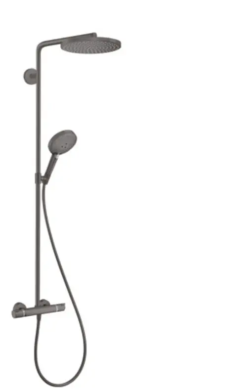 Hansgrohe Duschsystem mit einer großen Kopfbrause und Handbrause, beide mit einem schlanken Design. Die Thermostat-Anlage ist in mattem Schwarz gehalten.